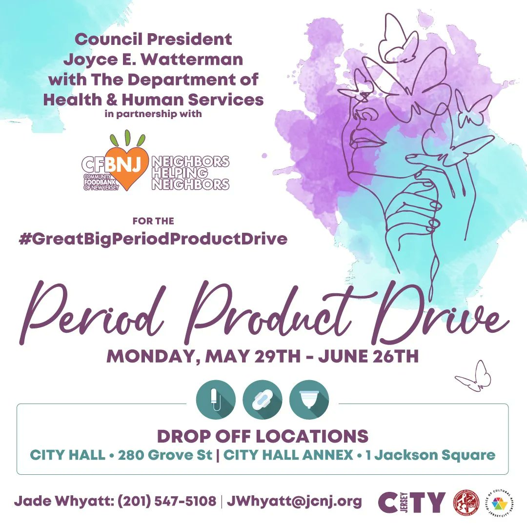 City of Jersey City (@jerseycity) on Twitter photo Council President Joyce E. Watterman & <a href="/HealthierJC/">Healthier JC</a> are working to make access easier for women in #JerseyCity to receive period products. In partnership with <a href="/CFBNJ/">Community FoodBank of New Jersey</a>, please join us for the #GreatBigPeriodProductDrive. See graphic for drop off locations.
#EndPeriodPoverty Council President Joyce E. Watterman & <a href="/HealthierJC/">Healthier JC</a> are working to make access easier for women in #JerseyCity to receive period products. In partnership with <a href="/CFBNJ/">Community FoodBank of New Jersey</a>, please join us for the #GreatBigPeriodProductDrive. See graphic for drop off locations.
#EndPeriodPoverty