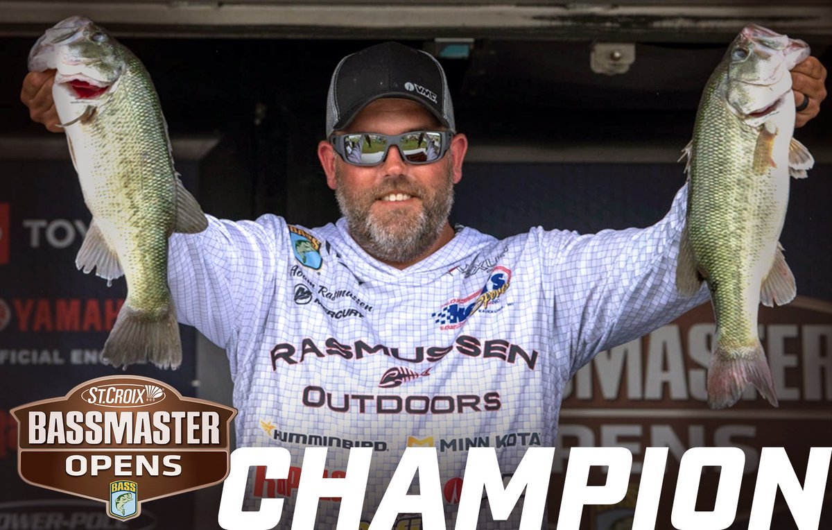 bassmaster's tweet photo. Adam Rasmussen wins the 2023 @StCroixRods Bassmaster Open on Wheeler Lake with a total weight of 54 pounds, 15 ounces! 

#Bassmaster #BassOpens #BassEQ https://t.co/Y0P2DLZljt
