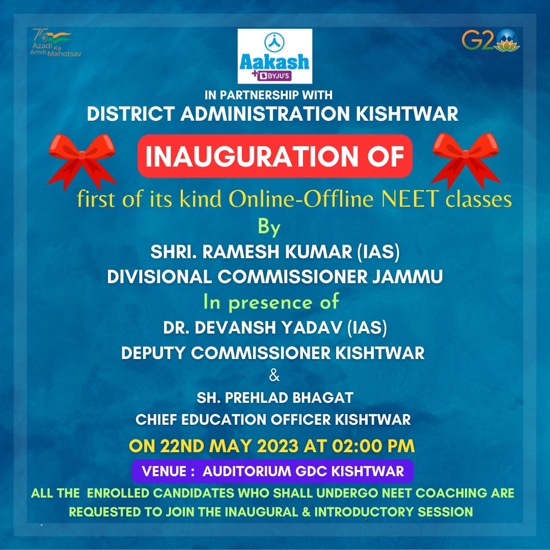 CEOKishtwar's tweet photo. NEET online offline classes  start.

Inauguration on 22nd May2023. https://t.co/jAnslIiG3B