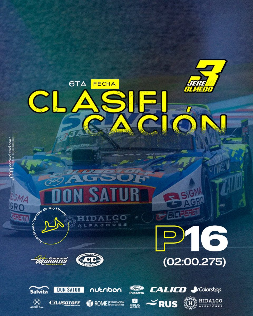 jereolmedook's tweet photo. C L A S I F I C A C I Ó N ⏱
🟡 #P16 (02:00.275)
#6taFecha
#TermasdeRioHondo
#moriatiscompetición
#TCPista
#SMComunicaciones 🏁💪🏻 https://t.co/sMIpjO6G8D