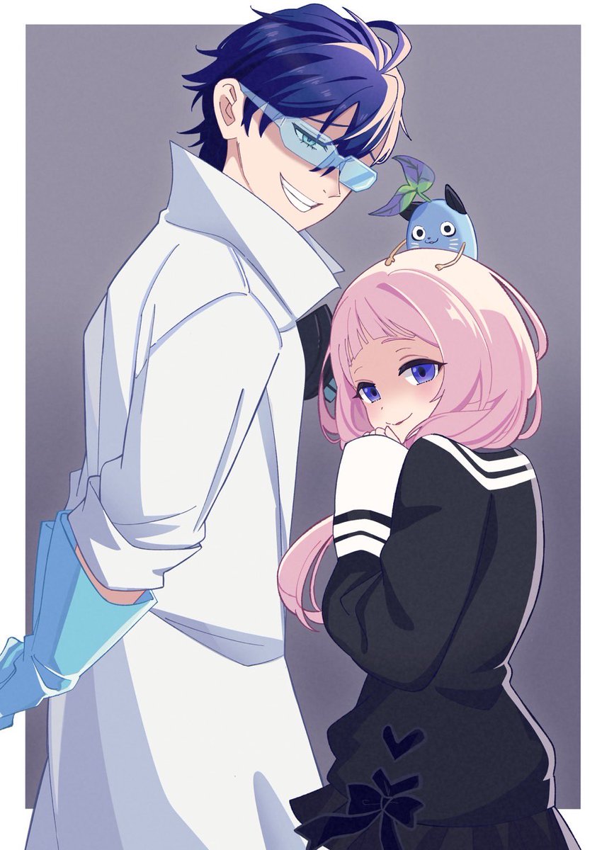 1girl 1boy smile pink hair blue hair labcoat blue gloves  illustration images