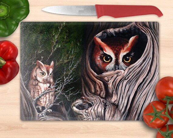 Glass Cutting Board - Eastern Screech Owls, etsy.me/3dj3Gg9 #easternscreechowl #owlgifts #kitchendecor #glasscuttingboard #animalart @etsymktgtool