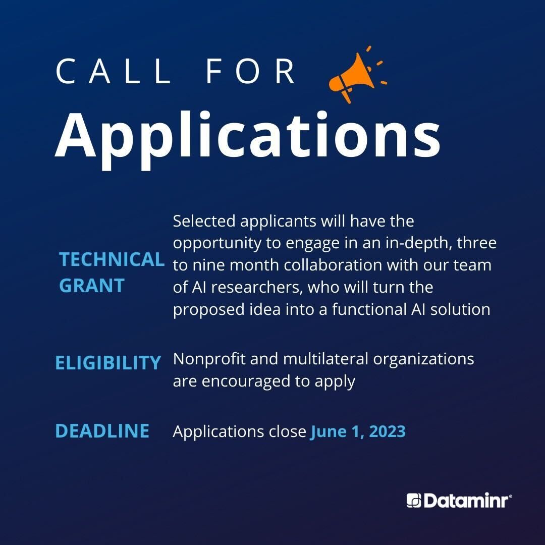 Interested in using #AI to make a meaningful, lasting impact on our society and the planet? Apply to
<a href="/Dataminr/">Dataminr</a> #AIforGood program to turn your ideas into a tailored AI solution. Open to NGOs and multilateral organizations. Learn more and apply here: bit.ly/40UJnIA