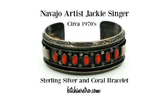 Navajo silversmith #JackieSinger vintage #sterlingsilver cuff #bracelet with #coral cabochons, circa 1970's. Left with it's original patina, this bracelet would also be #striking if polished. 

#vintage #vintagejewelry #navajojewelry #boho #bitchinretro

bitchinretro.com/products/jacki…