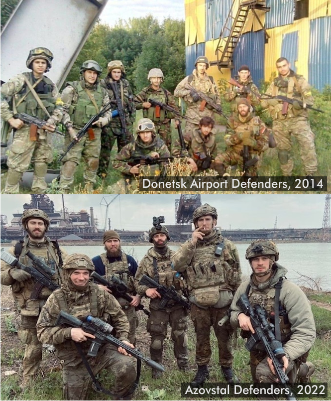 LvivJournal's tweet photo. Ukraine 🇺🇦
Heroes of 2014 &amp; 2022.
The first soldier from the left on the 2014 photo is Dmytro Kotsiubailo "DaVinci" (who has died in battle some weeks ago). He was a platoon commander of volunteers at that time.
#mariupol #Мариуполе #Мариуполь #Азовсталь https://t.co/0lL4UAHBEv