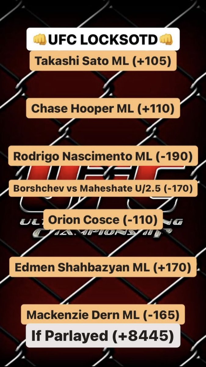 TheLocksOTD's tweet photo. 👊🏽FREE UFC LOCKS OTD👊🏽
Takashi Soto (+105)
Chase Hooper (+110)
Rodrigo Nascimento (-190)
Borshchev vs Maheshate U/2.5 (-170)
Orion Cosce (-110)
Edmen Shahbazyan (+170)
Mackenzie Dern (-165)
#UFC #UFCPick #UFCProps #UFCBets #GamblingTwitter #ufcfightnight https://t.co/Va4ev1XsBG