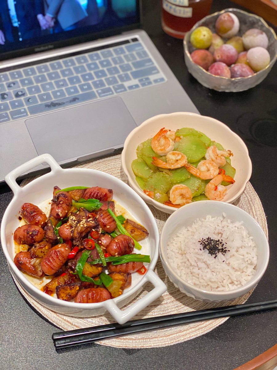 Cumin potato sausage ➕ Stir-fried shrimp with lettuce 🍤