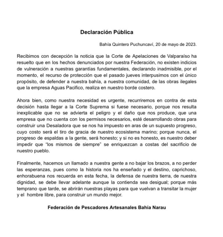 Compitas, la Cde APELACIONES rechazo el recurso de protección interpuesto por 
los Sindicatos de Pescadores contra la Desaladora, de no haber una recusaron se irá a la Corte SUPREMA, PUES NO  comprende lo obtuso para no darse de cómo aumentará el daño a una Zona ya sacrificada.