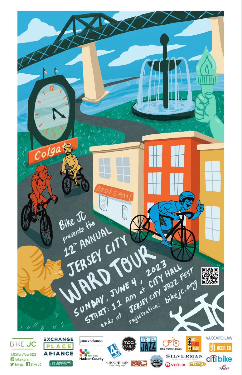🚲Registration is now OPEN for the big Jersey City Ward Tour, Sun. June 4! 
Sign up here: bikejc.regfox.com/ward-tour-2023…
Start 11am City Hall > 15 miles > Finish JC Jazz Fest at Exchange Place 🎶🎉