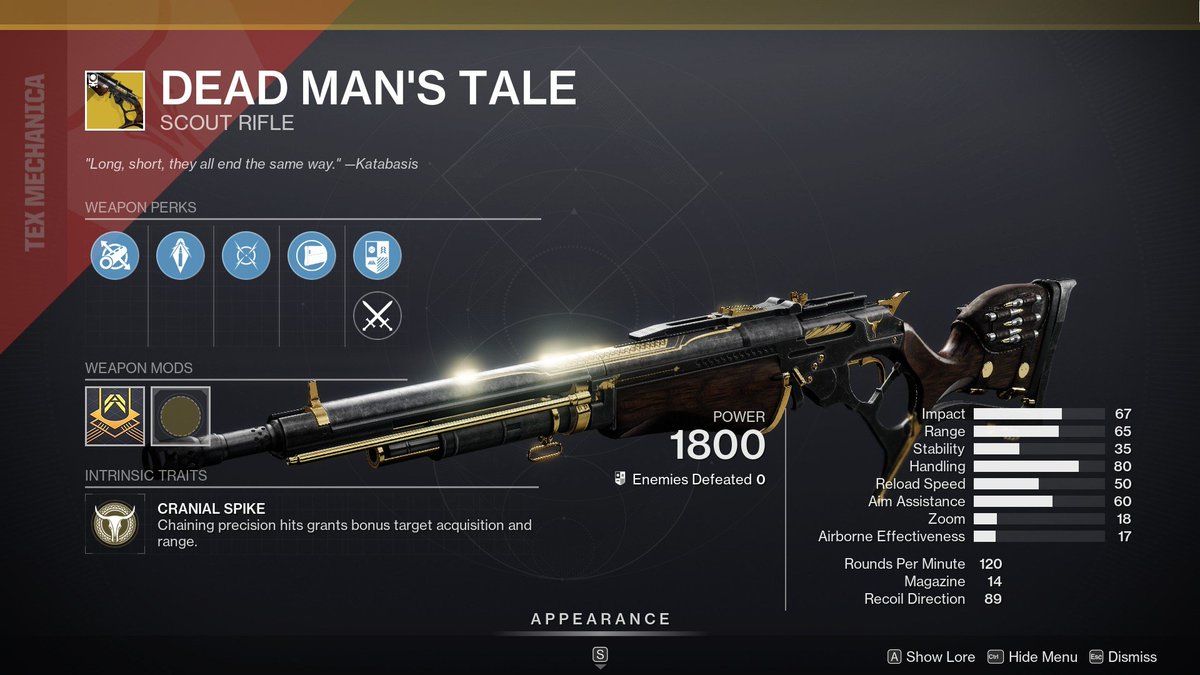 MisterTangoLIVE's tweet photo. On the second page Xûr is selling random rolls of Hawkmoon and Dead Man's Tale.
Hawkmoon - Corkscrew Rifling, Alloy Magazine, Killing Wind, Textured Grip.
Dead Man's Tale - Fluted Barrel, Armor-Piercing Rounds, Moving Target, Short-Action Stock.
#Destiny2 https://t.co/re7WHqOeGX