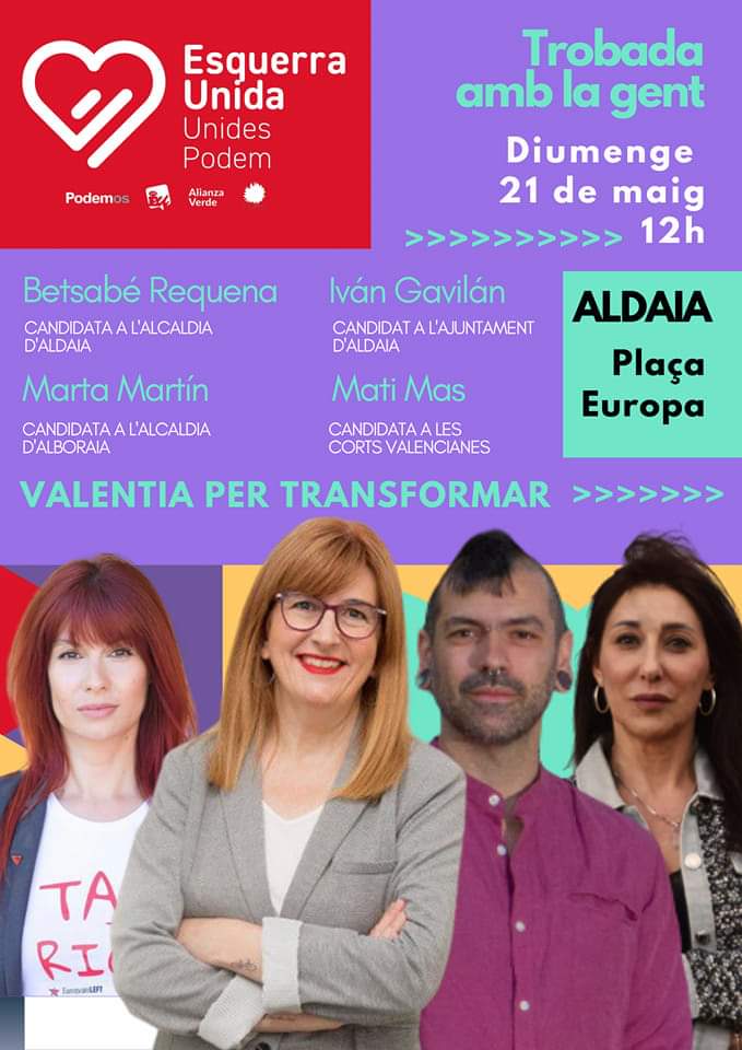 podemaldaia's tweet photo. ACTO CENTRAL DE CAMPAÑA❤️💜
Este domingo 21 nos vemos en la Plaça d'Europa a las 12h.
Ven a conocer a nuestras valientes candidatas😉
Díselo a tus compañeros y compañeras, vecinos y vecinas, amigos y amigas para que nadie falte. #valentiapertransformar #Elecciones2023 #aldaia https://t.co/XspBUQY7IG