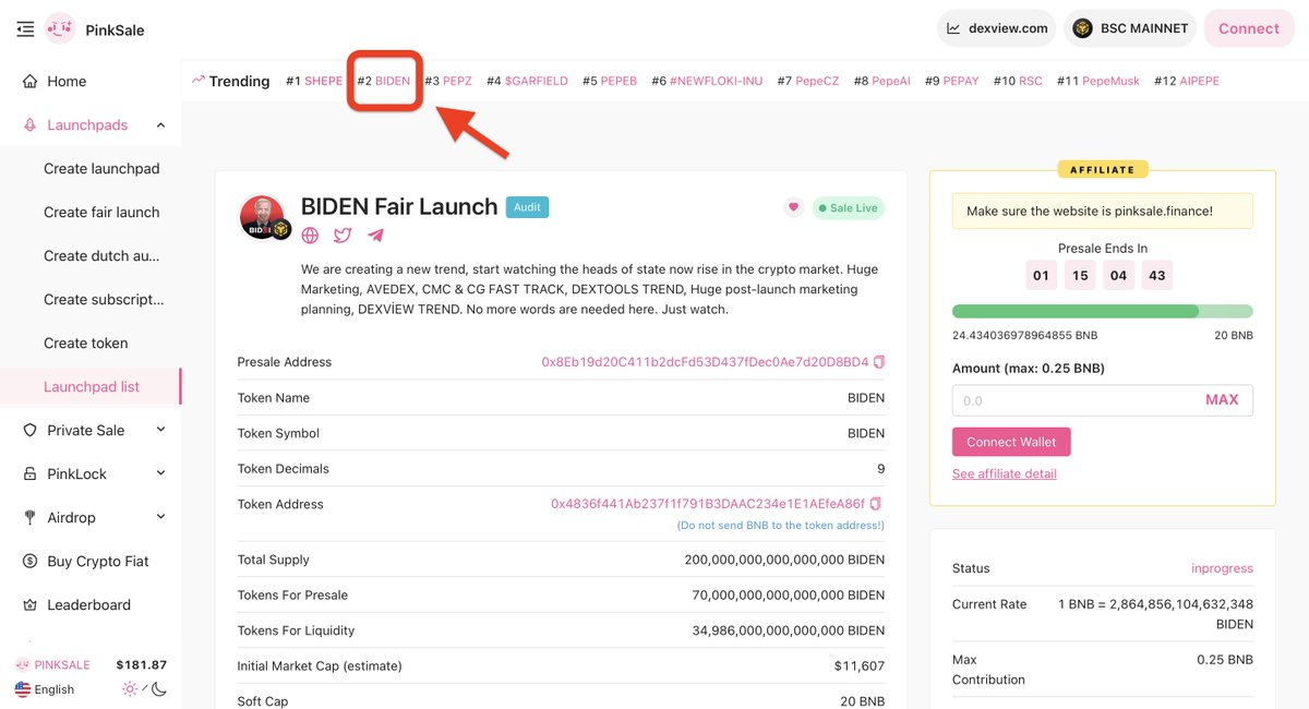 📣WE ARE IN TREND 2 ON PINKSALE! 🎊

NEXT AIM TREND 1! 🔥

Pinksale Link: pinksale.finance/launchpad/0x8E…

#BSC #BNB #Pinksale #JoeBiden