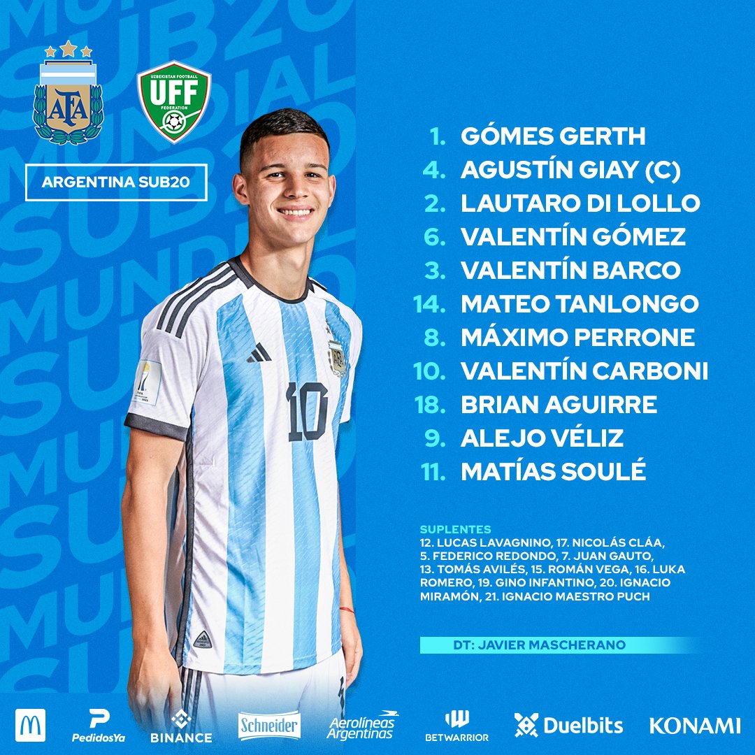 APDeportes_'s tweet photo. VAMO' LO' PIBE' 🇦🇷

El once del elenco de Javier Mascherano para enfrentar a #Uzbekistán 🇺🇿 en el debut de la #SelecciónArgentina 🇦🇷 en el #MundialSub20 #U20WC https://t.co/WyFswEMD2h