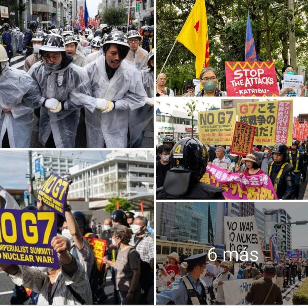 Continúan las protestas en Hiroshima, Japón, contra la Cumbre del G7 . Los manifestantes la denominan como “cumbre imperialista” y exigen que Occidente no siga promoviendo guerras. #UnMundoMejorEsPosible #IzquierdaUnida