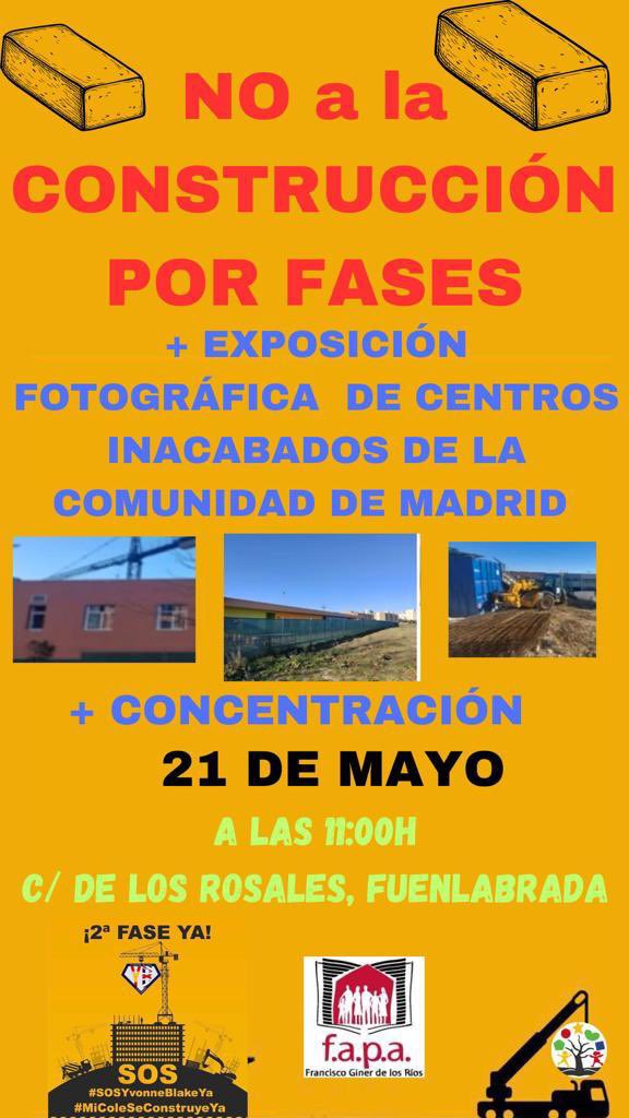✅ Os esperamos mañana, domingo 21 de mayo, en la C/ de los Rosales (trasera CEIP Yvonne Blake, Fuenlabrada) para reivindicar los centros inacabados de la Comunidad de Madrid y la lacra de la construcción por fases‼️

👉🕚 A las 11:00 horas