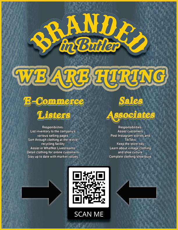 Are you looking for work? Well, you're in luck, #brandedinbutler is #hiring! Use the link attached or in our bio, or stop in to the shop to apply! linktr.ee/brandedinbutler