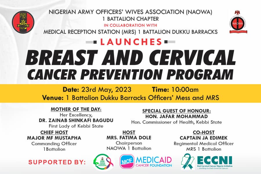 naowakb's tweet photo. 🗣Nigerian Army Officers'Wives Association, 1 Battalion, dukku Barracks Birnin Kebbi, Kebbi State, Nigeria wishes to invite the General public to her program tagged "Breast and Cervical Cancer Prevention Program".please check flyer for more details👇

#AMVCA9 Mercy Eke Tobi Phyna https://t.co/SpOiAghUk8