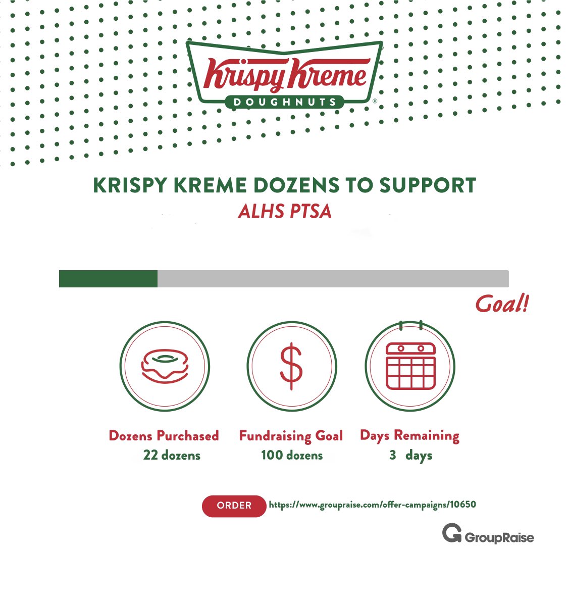 PTSA is hosting a digital dozens fundraiser at Kristy Kreme. Did you buy your donuts yet? I bought mine. 

groupraise.com/offer-campaign…