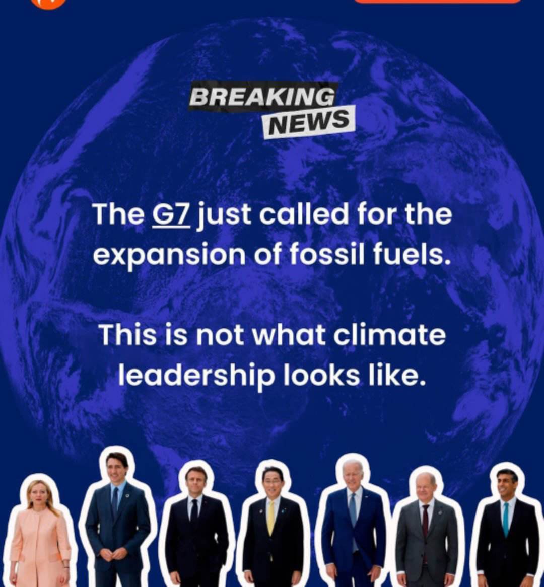 Disappointed to see the G7 advocating for the expansion of fossil fuels. This is not the climate leadership we need. It's time for a bold shift towards renewable energy & sustainable solutions. Our planet & future generations deserve better #ClimateActionNow #RenewableEnergy