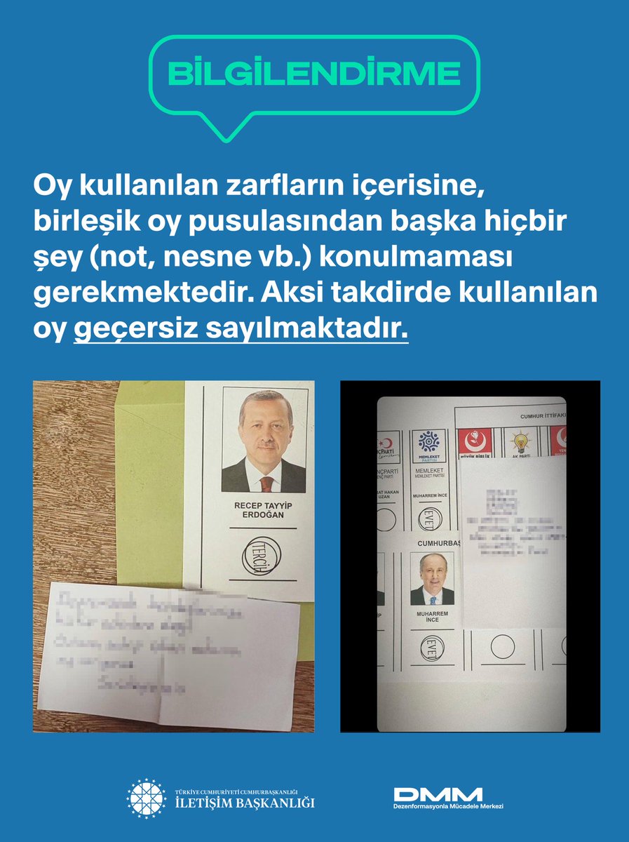 📌 Oy kullanılan zarfların içerisine, birleşik oy pusulasından başka hiçbir şey (not, nesne vb.) konulmaması gerekmektedir. ➡️Aksi takdirde kullanılan oy geçersiz sayılmaktadır.