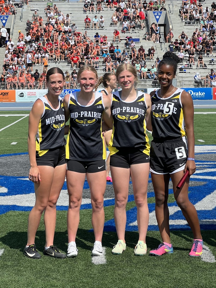 UnionSportsPage's tweet photo. Another huge result for the Mid-Prairie girls. This time it's the 4X100 team (Madeline Schrader, Amara Jones, Jovi Evans and Tabitha Evans). 2nd place with a time of 49.90. Mid-Prairie will take 2nd in the team race. #iahstrk https://t.co/I9KVkXRi1Z