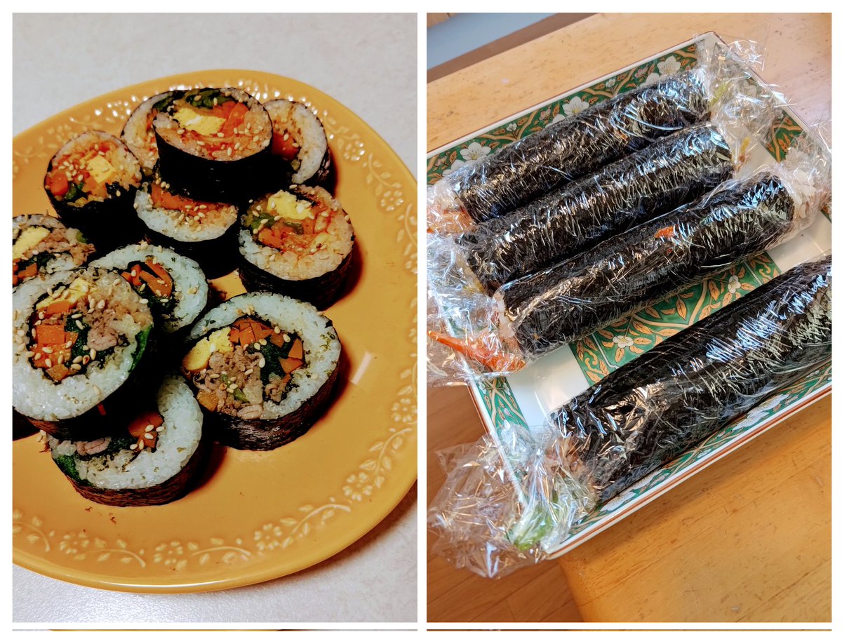 abe2him's tweet image. 先日、韓国居酒屋でキンパ作ったお話をしたのですが、ママさんが市販の大判韓国のりはキンパ用ではないとのことで、キンパ専用海苔頂いたので作ってみました！
こんなに誰がたべるんだ？笑