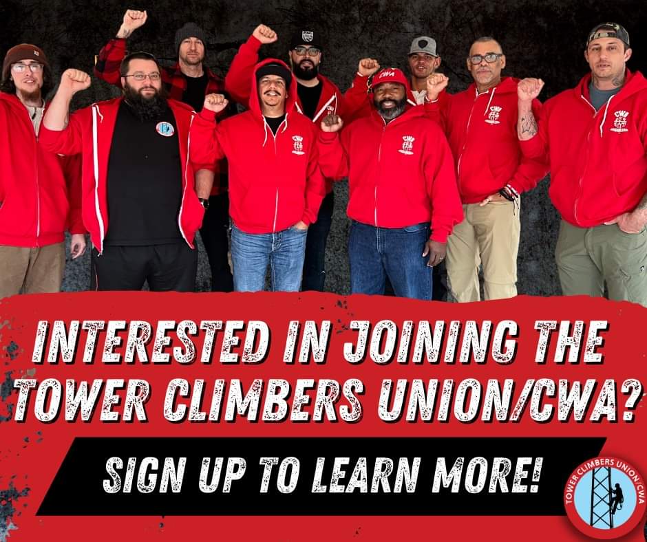 ‼️ Tired of unsafe working conditions, low pay, and shitty bosses? Ready to make your voice heard and improve the industry for tower hands? Learn more about joining the Tower Climbers Union/CWA TODAY! 💪💪💪 towerclimbersunion.org/#form
#towerclimberlife #Union #DoYourPart #TowerDawg