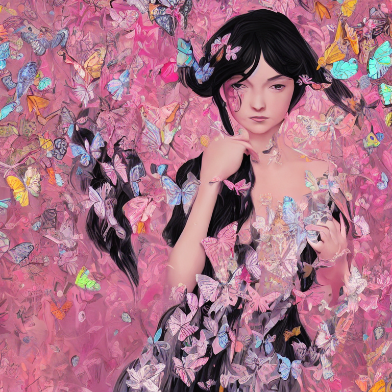 CREAIT_OFFICIAL's tweet photo. A highly detailed portrait of a young woman with long black hair in a pink dress surrounded by butterflies and flowers. Digital painting, artstation, concept art, smooth, sharp #aiart #aigeneratedart https://t.co/ScKjwYstcs