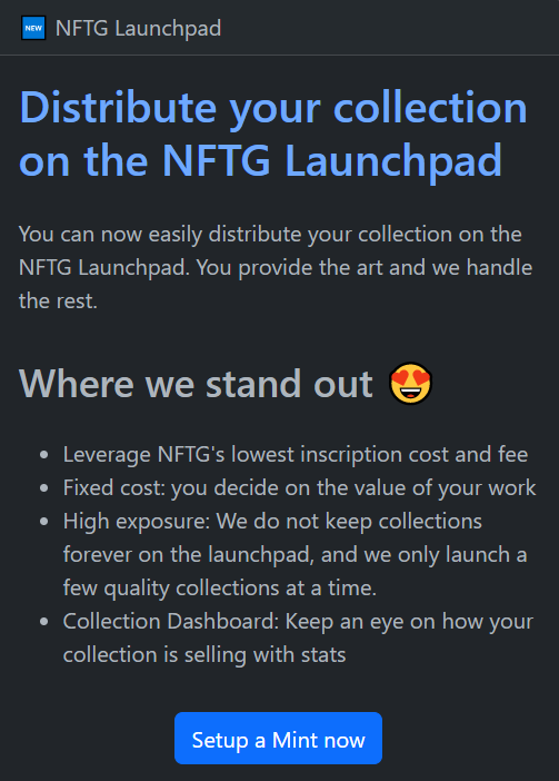 ordgio's tweet photo. π Launch your collection to new heights with NFTG Launchpad. We bring your art to the world, providing exposure and opportunities for success. Get ready to soar!
https://t.co/oQdvmi9hx2
#LaunchToSuccess #BTC #Ordinals π https://t.co/qJpdT5fCEW