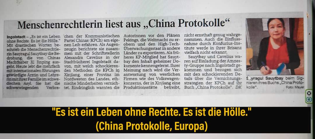 AlarmChina's tweet photo. "Unsere #Lesung aus "#ChinaProtokolle" (Europa) in #Ingolstadt im "#Donaukurier". "...Als Augenzeugin berichtet #Sauytbay m der Schriftstellerin #Cavelius.., m welch schockierenden Methoden die KPCh in #Xinjiang.." muslimische Ethnien vernichtet. "Eindringlich warnten die../3 https://t.co/ysAcKih82D