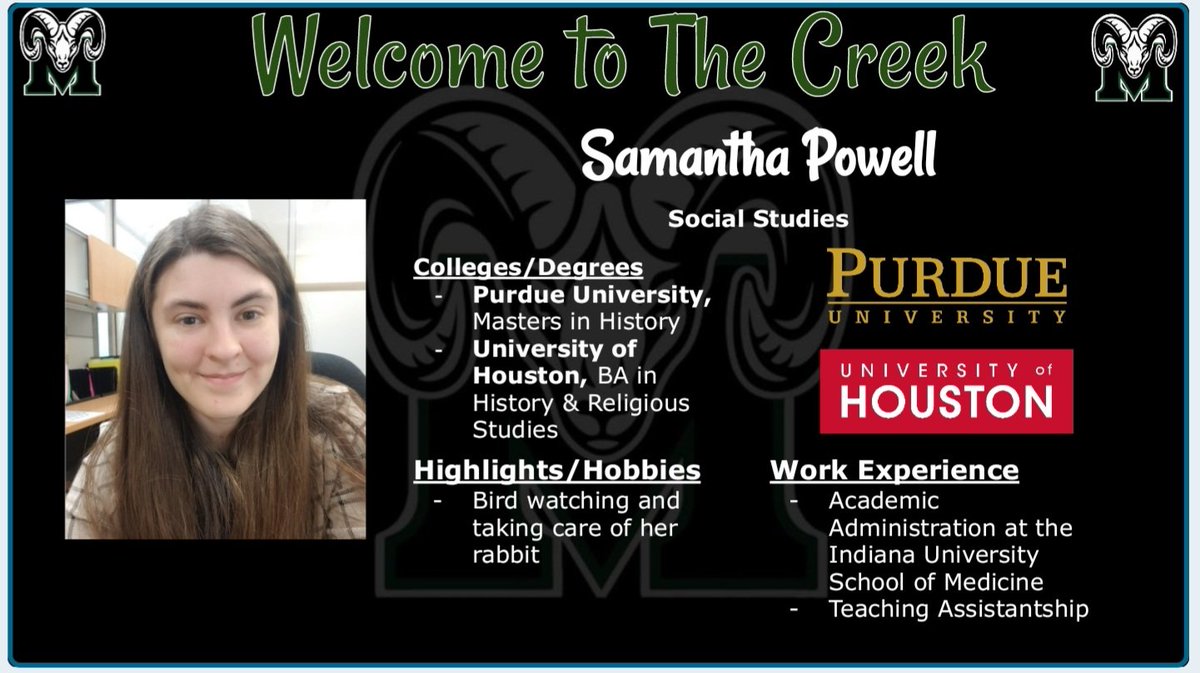 We are super excited to welcome Ms. Powell to the Mayde Creek Social Studies department! She will be bringing great ideas to our World Geography Team. #maydeforthis #rpnd @MCHS_Rams @CHuckeba @LaurenRGarner