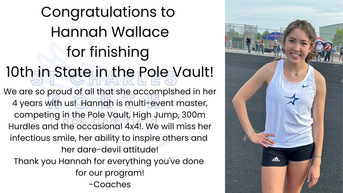 SCN Girls Track & Field (@scngirlstf) on Twitter photo Congratulations Hannah on a great day at State! Your 4 years went by so fast! Good luck with your next adventure <a href="/UNITrackFieldXC/">UNI T&F/XC</a>!
<a href="/MichaelIvlow/">Michael Ivlow</a> Congratulations Hannah on a great day at State! Your 4 years went by so fast! Good luck with your next adventure <a href="/UNITrackFieldXC/">UNI T&F/XC</a>!
<a href="/MichaelIvlow/">Michael Ivlow</a>