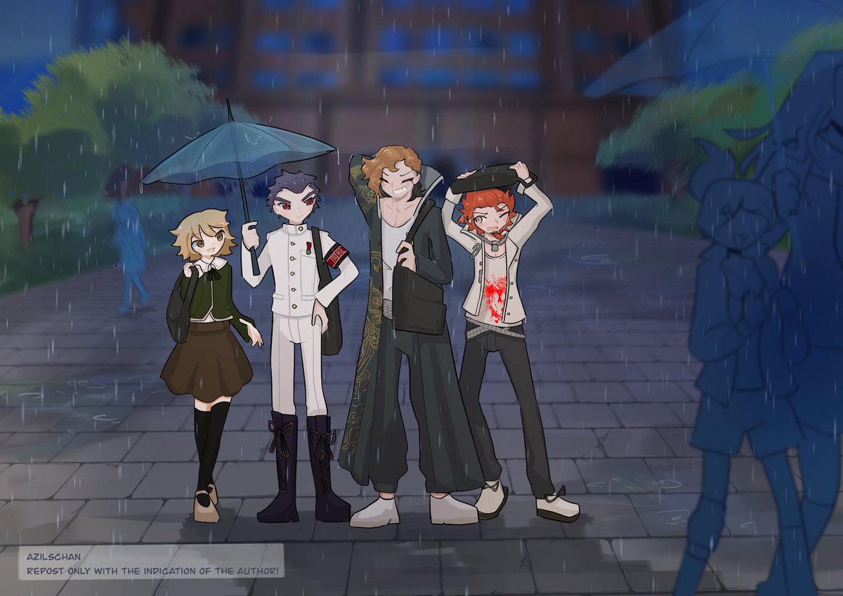 Azilschan_uwu's tweet photo. Rainy day, don't forget your umbrella!~
#danganronpa #dthh #leon #mondo #chihiro #kiyotaka #art https://t.co/dZtzHXDtXr