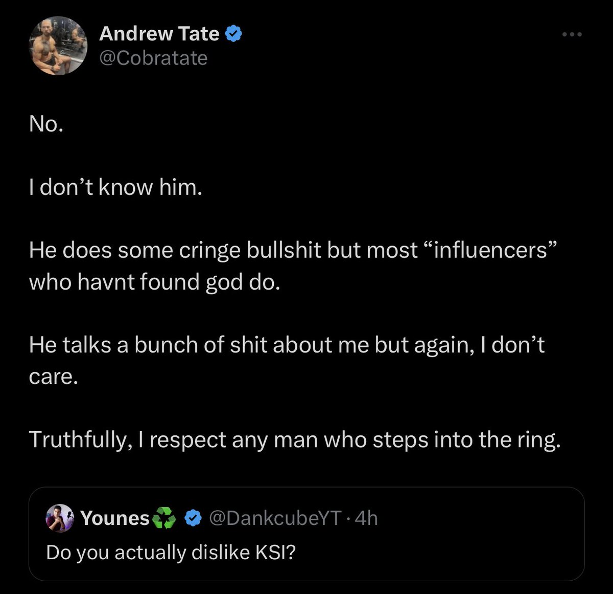GOATxPromotions's tweet photo. Andrew Tate gives his opinion on KSI and KSI responds ❕❕🚨 https://t.co/kbsgq1MNpP