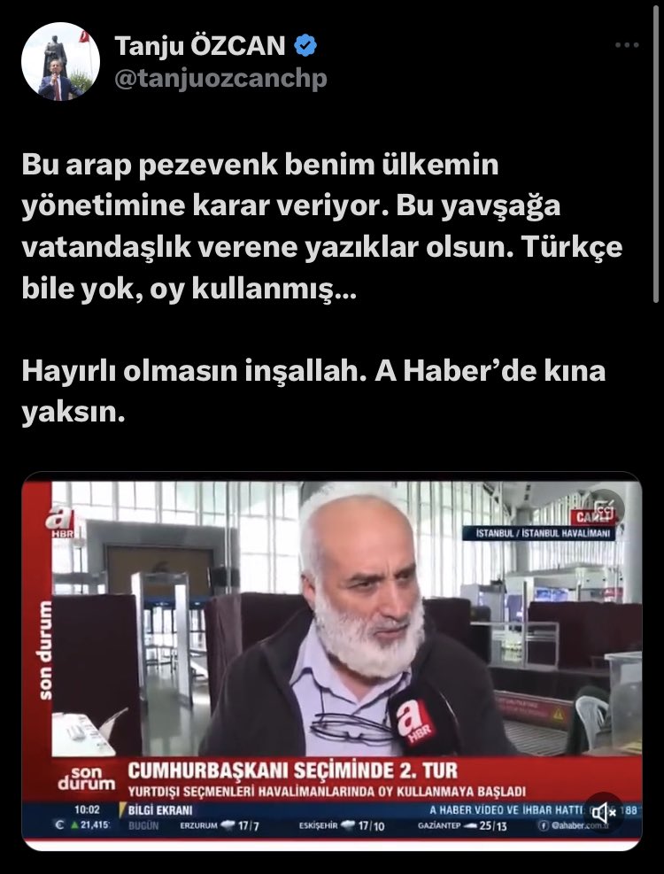 🗣️ Bolu Belediye Başkanı Tanju Özcan, oy kullanıp Türkçe bilmeyen vatandaş hakkında: “Bu Arap p*zevenk benim ülkemin yönetimine karar veriyor.

Bu yavş*ğa vatandaşlık verene yazıklar olsun. Türkçe bile yok, oy kullanmış…