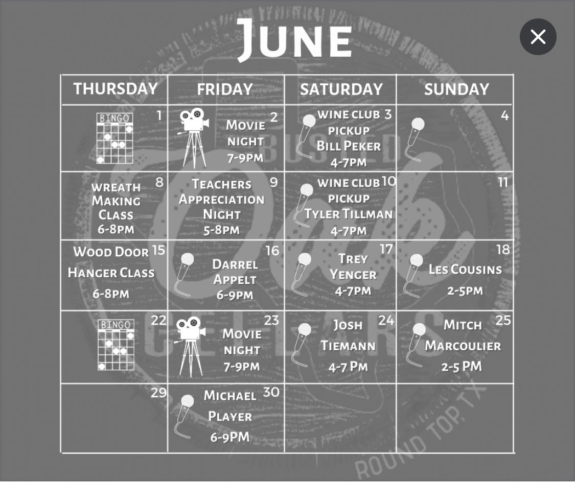 Busted Oak Cellars has lots of fun events every month. Mark your calendars and come join a nice glass of wine.

#wine #events #summer