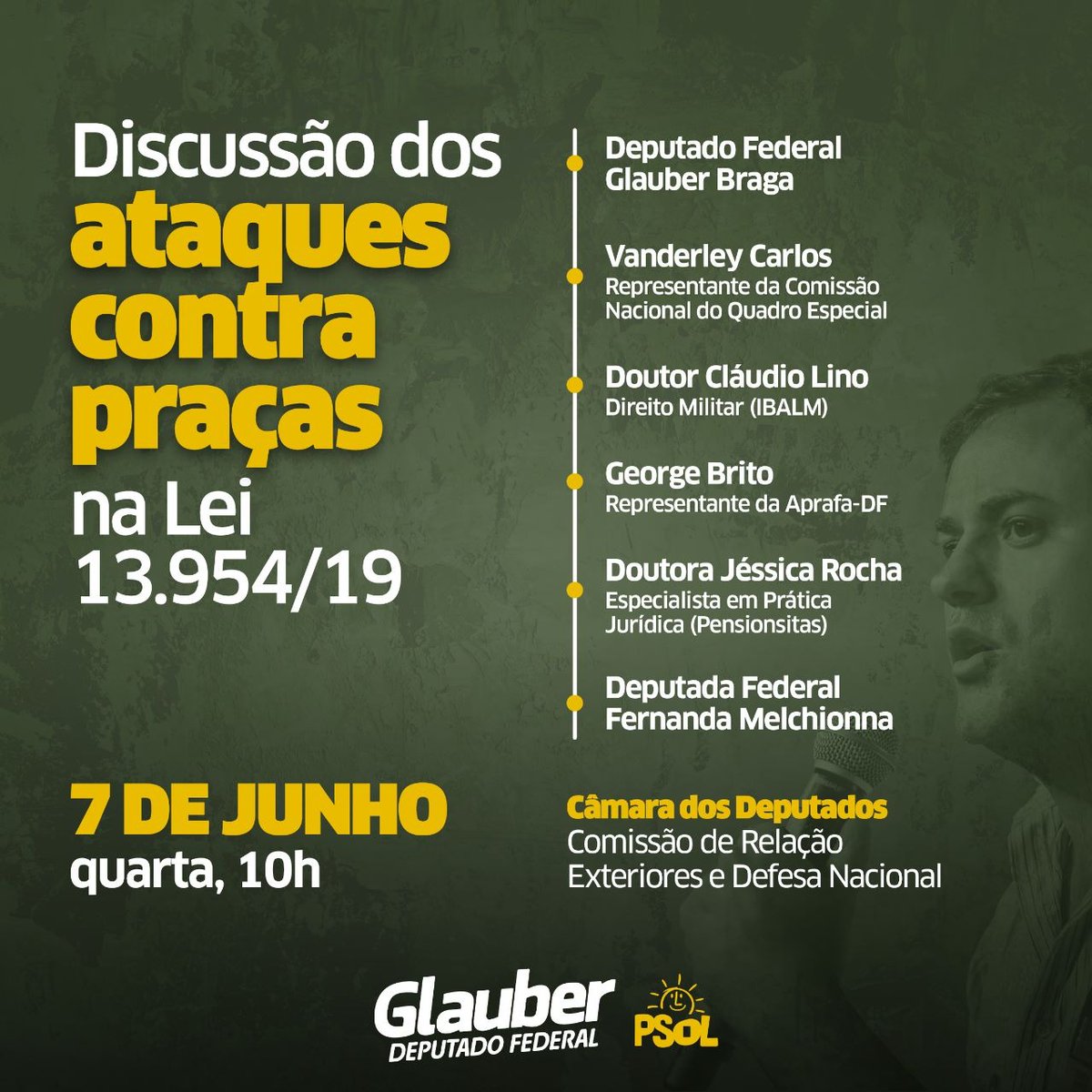 ATENÇÃO SARGENTOS DO QUADRO ESPECIAL, PRAÇAS DA RESERVA E REFORMAODOS E PENSIONISTAS DAS FORÇAS ARMADAS VAMOS COMPARECER E AGRADECER AOS DEPUTADOS FEDERAIS <a href="/Glauber_Braga/">Glauber Braga</a> e <a href="/fernandapsol/">Fernanda Melchionna</a> POR LUTAR PELAS CLASSES ABANDONADAS E DESPREZADAS PELO GOVERNO BOLSONARO COM A LEI 13.954/19.