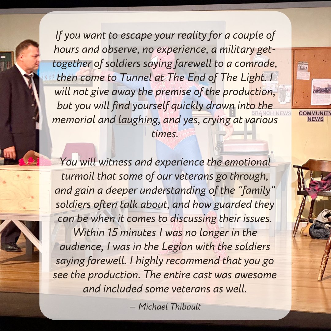 The reviews are in and Tunnel at the End of the Light is not to be missed!
Our last day is tomorrow at 2pm! Come down and give us a big send-off!
rgf-sita.com
#theatre #actorslife #toronto #veteranstories #mentalhealthmonth #canada #actor #eventstoronto #torontotheatre