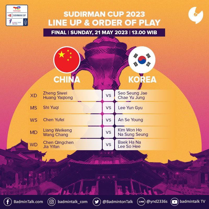 It’s CHINA vs KOREA in the final!

Who will win #SudirmanCup2023?

Prediksi kalian?

#SudirmanCupFinals #Suzhou2023