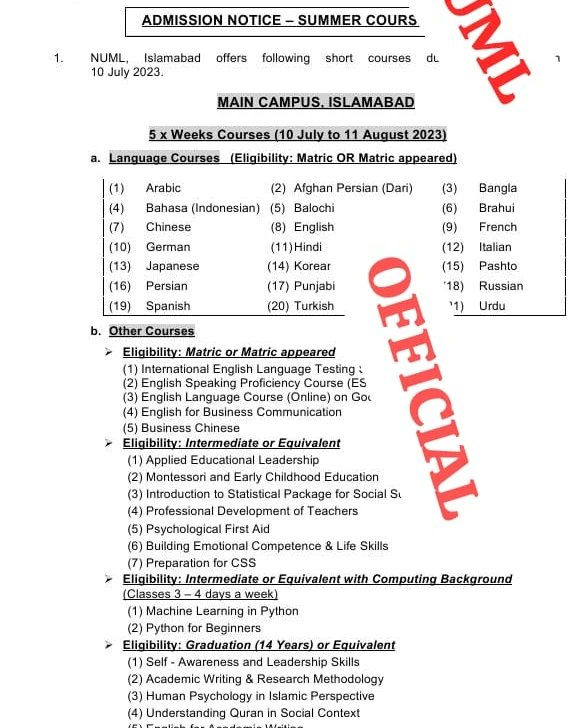 numl_official's tweet photo. *NUML SUMMER ADMISSION NOTICE*

(For Islamabad &amp; Rawalpindi) https://t.co/uCKcKSmyo0