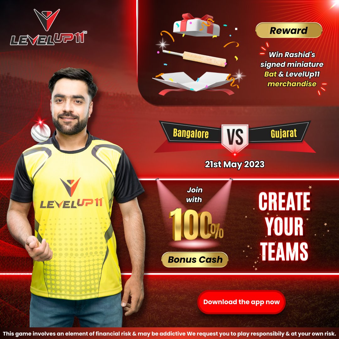 Win @rashid.khan19 signed miniature bat only on levelup11.com ,  Use 100% bonus, join the contest now, Gujarat Vs Bangalore 21st May 2023, 7:30 PM. 

#rashidkhan #levelup11 #levelup11download #fantasysports  #PlayFantasyCricket #CricketFans  #cricketfever  #gujvsban