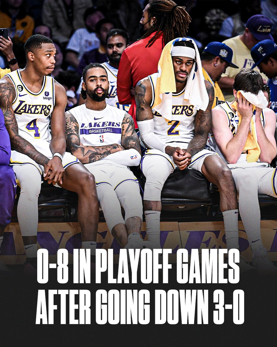 espn's tweet photo. The Lakers have never won a playoff game after going down 3-0 👀 https://t.co/QPsAZR0UnA