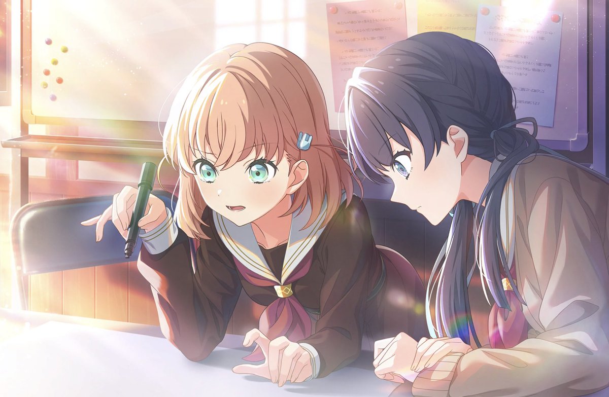 multiple girls 2girls closed eyes school uniform indoors ribbon hair ribbon  illustration images