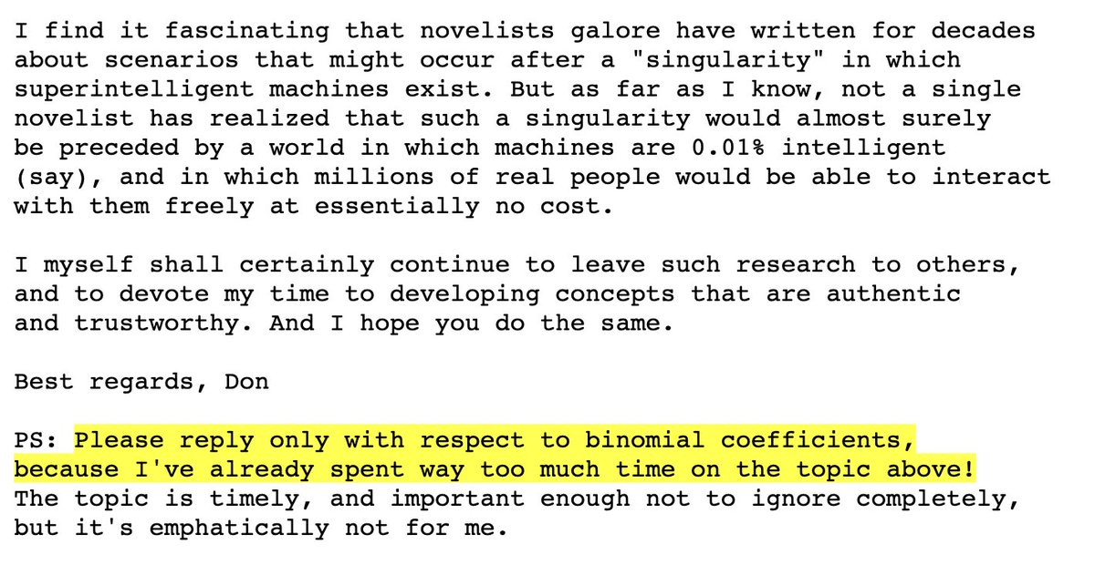 nabeelqu's tweet image. Love that Donald Knuth saw some ChatGPT responses, played with their implications for a bit, and then went &quot;Ok, that&apos;s enough AI stuff, back to binomial coefficients!&quot; That&apos;s focus. (via: cs.stanford.edu/~knuth/chatGPT…)