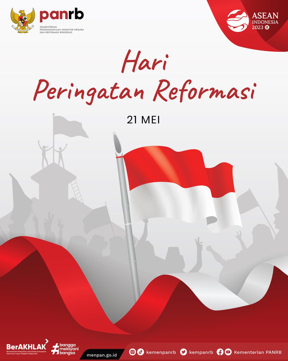 Selamat Hari Peringatan Reformasi!

#RekanASN, reformasi sejatinya adalah perubahan dan kesinambungan, yang baik wajib dilanjutkan, yang tidak baik terus dikoreksi dan diperbaiki.

Mari jaga semangat reformasi, untuk Indonesia tangguh!
__
#KemenPANRB
#HariPeringatanReformasi