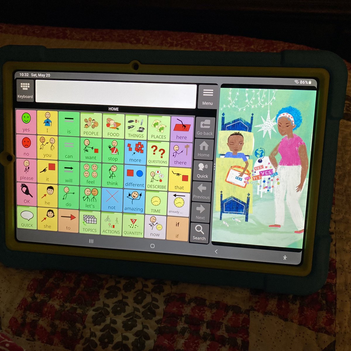 amoorad's tweet image. Excited to discover that there’s a way to do Split View on my Samsung Galaxy Tab S6 Lite tablet. This is the Android version of @avazapp alongside “A Day With No Words” by Tiffany Hammond #AndroidAAC #AAC
