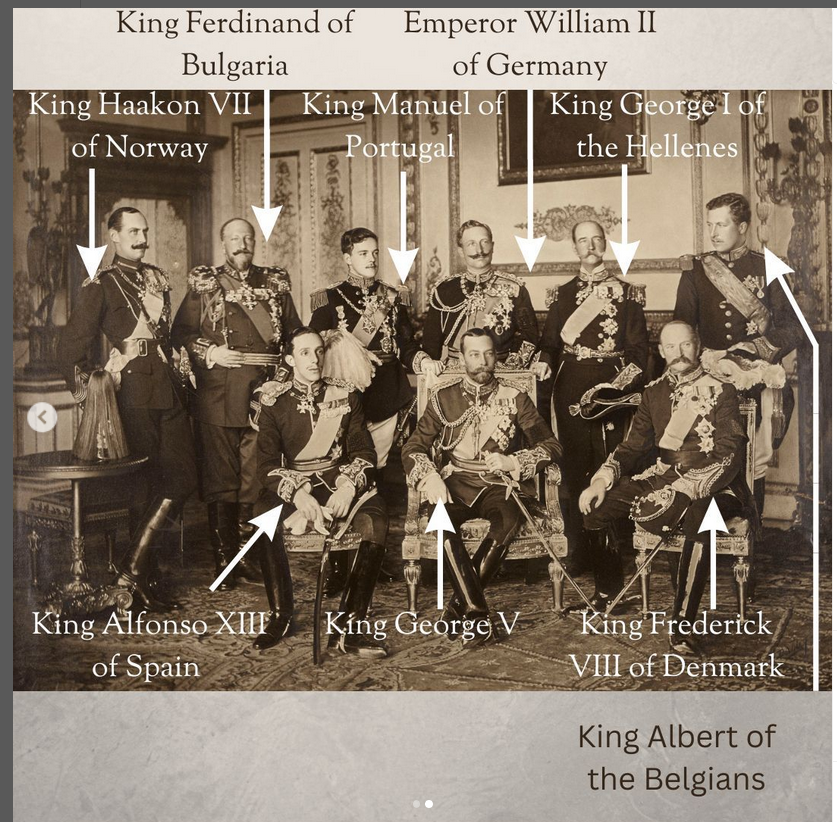 RobinLynnKing2's tweet photo. #EverythingRoyal , Verified
This photo was taken on this day in 1910, during the funeral of King Edward VII. Pictured here are nine European monarchs including the new King George V (pictured sitting in the centre of the group). https://t.co/iw1egQFPwE
