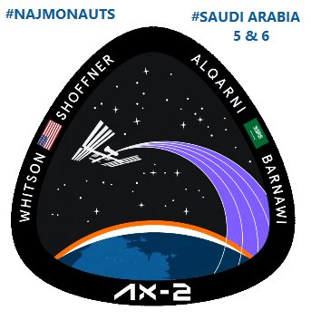 T-17 hours! @Axiom_Space #Ax2 patch highlights ISS's vital role uniting the best aspects of humanity, #STEM outreach & future aspirations. The lavender shows ascent & path from Earth to space & has special cultural meaning as color of #SaudiArabia flowers in spring. Purple rocks!