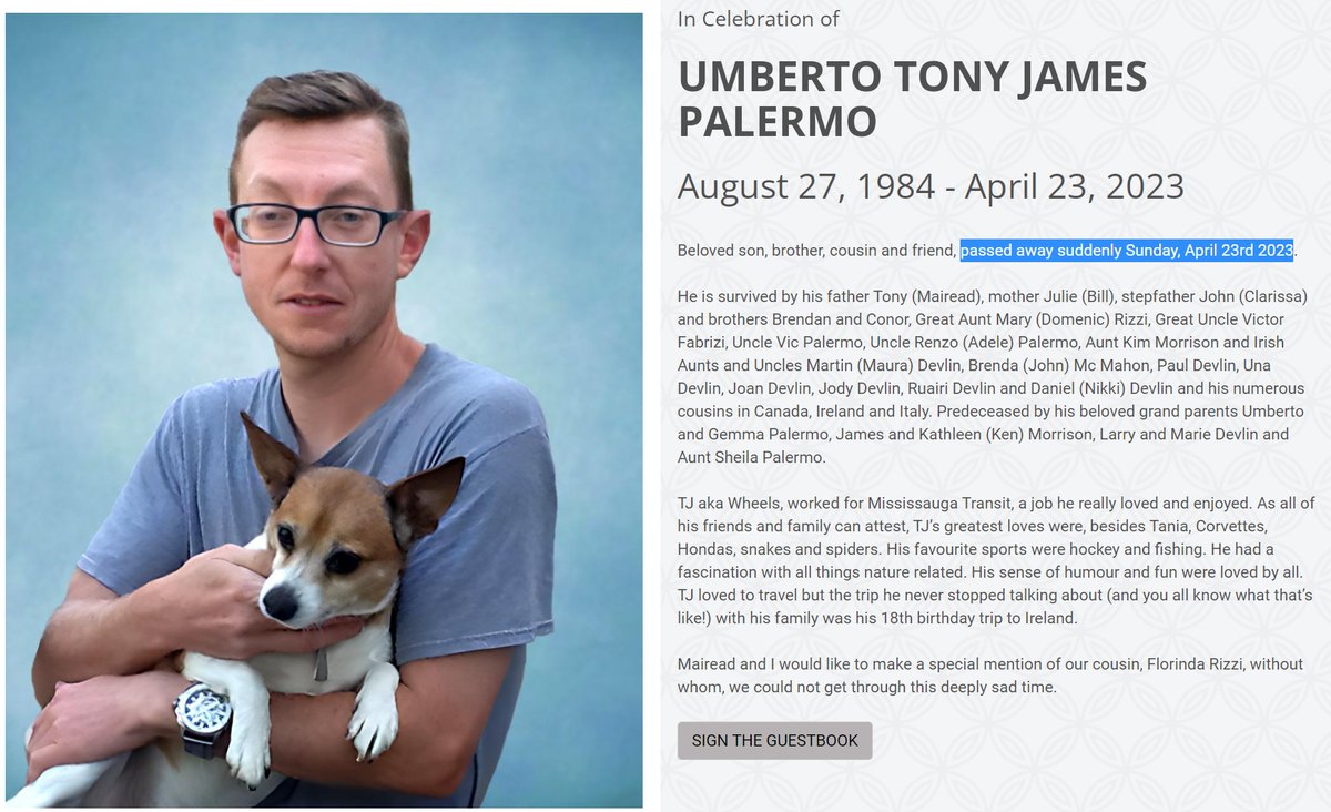 Mississauga, ON - 38 year old City Transit worker Umberto Tony James Palermo died suddenly on April 23, 2023.

All Ontario city workers were mandated COVID-19 mRNA vaccines to keep their jobs

They are now dying suddenly. Please keep coming forward

#DiedSuddenly #cdnpoli #ableg