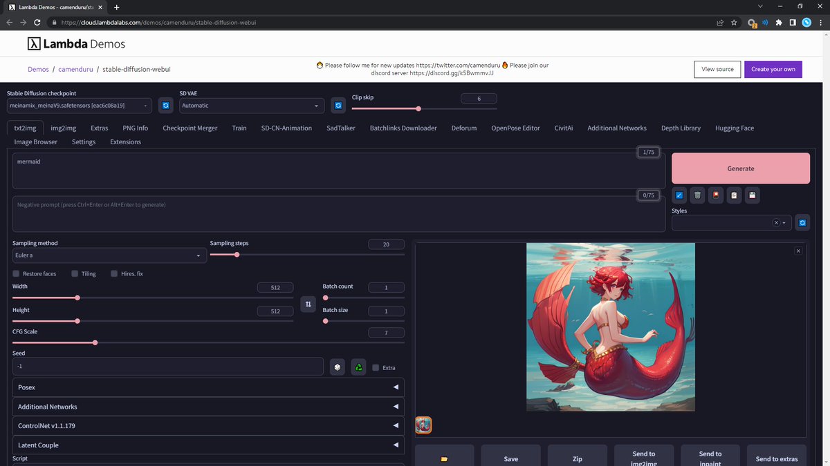 camenduru's tweet image. I am happy 🥰 to announce #StableDiffusion #WebUI with all amazing 🔥 extensions + #ControlNet + #SadTalker in the 🆕 Lambda Demos 🥳 thanks to @LambdaAPI ❤ and @stephenbalaban ❤ I will create more cool 🔥 demos, Please try it 🐣 cloud.lambdalabs.com/demos/camendur…